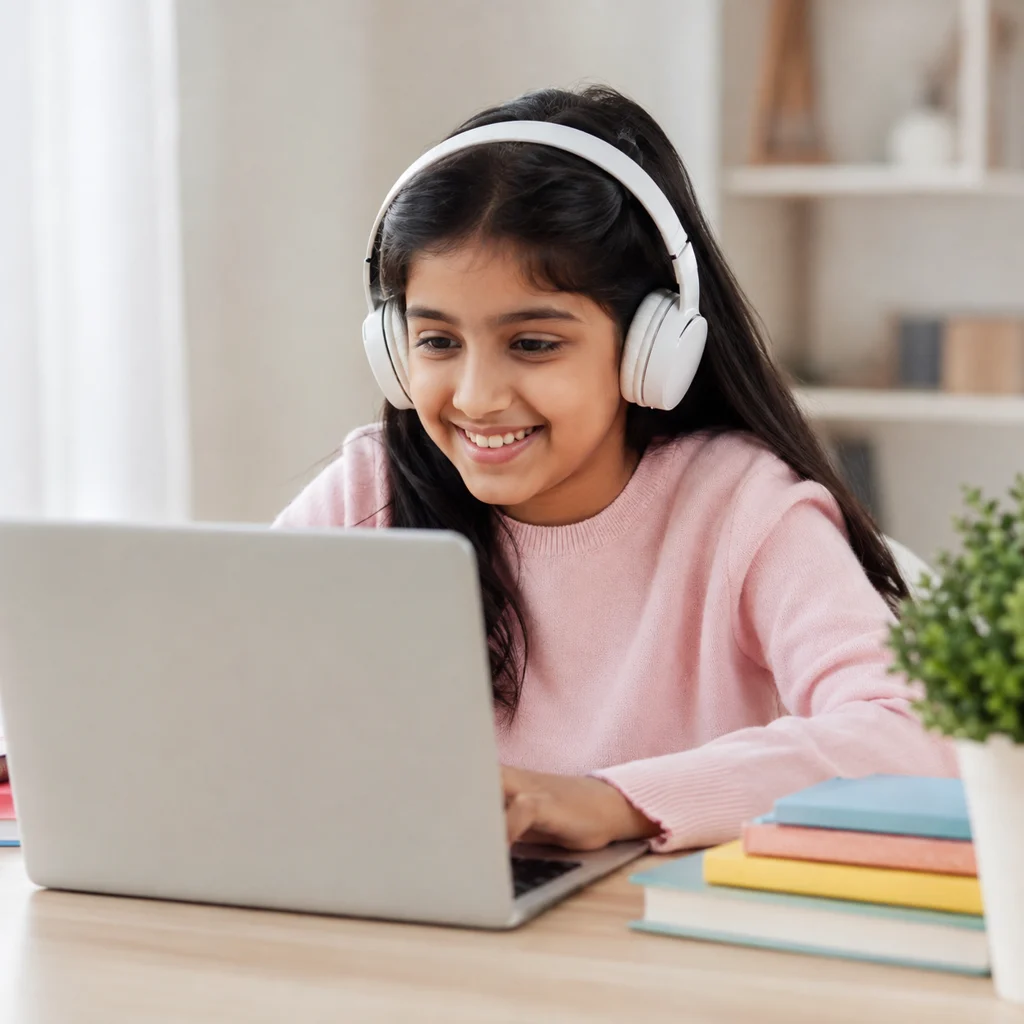 School student wearing headphones, learning online at her laptop